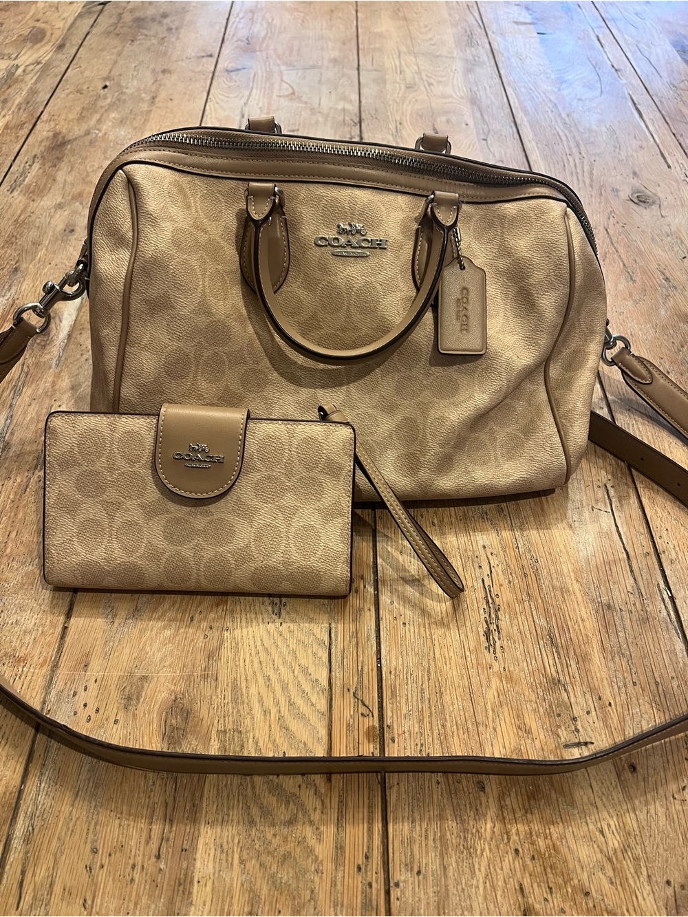 Coach Beige/Tan Signature Satchel with Matching Wallet